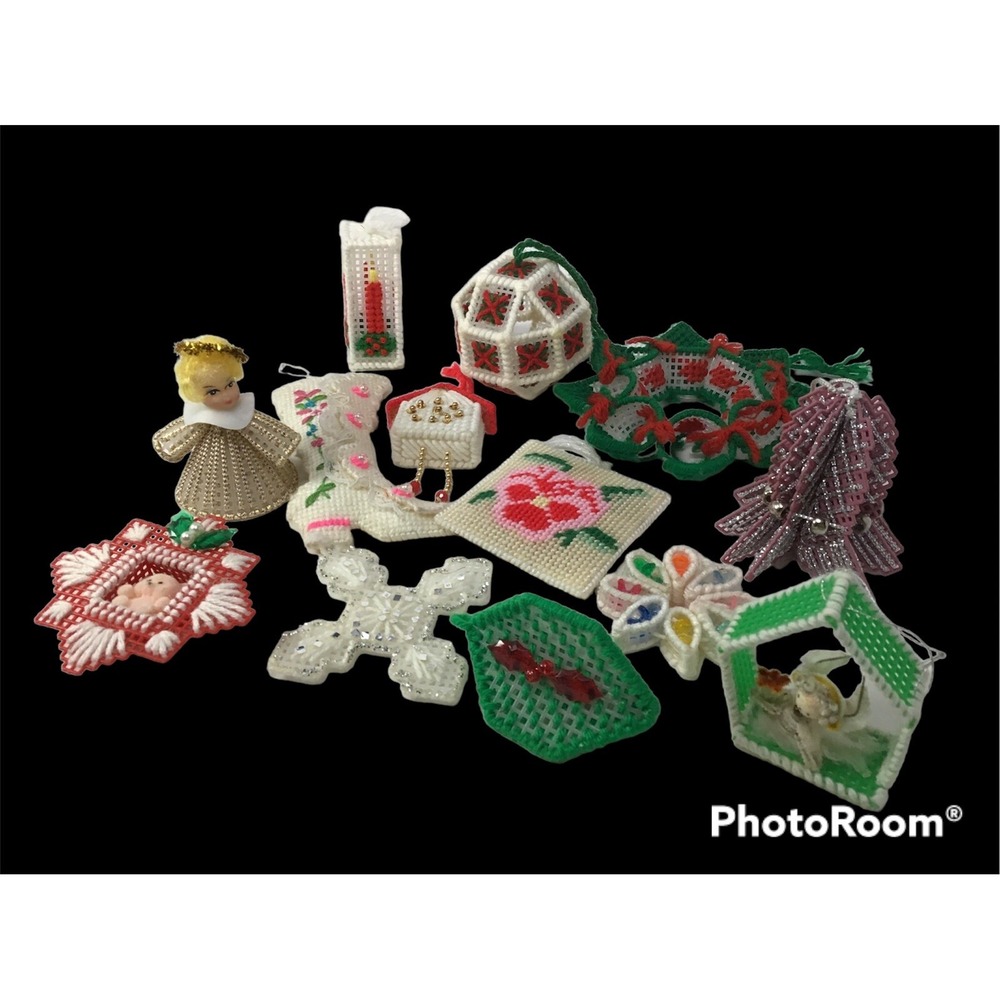 Vintage Christmas Completed Cross Stitch On Plastic Canvas Ornaments (13)